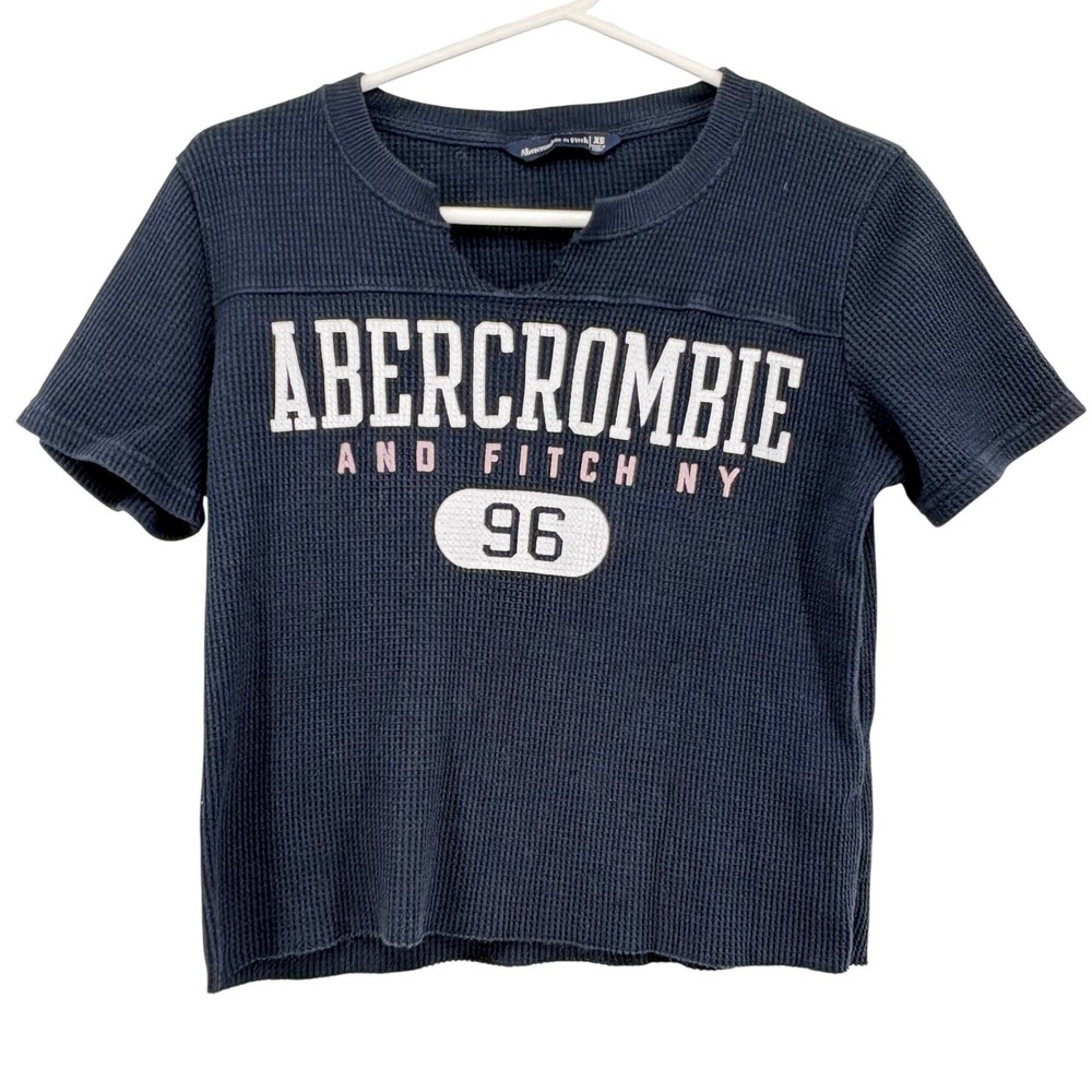 Abercrombie Fitch Navy Waffle Knit Varsity Graphic Shirt XS Faded‎ Blue Distress